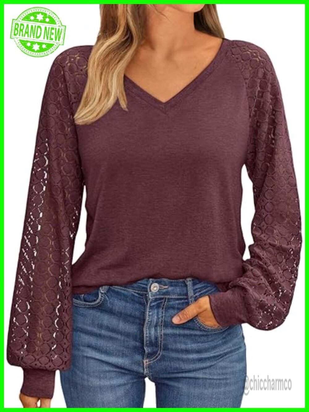 Women's V-Neck Long Sleeve Blouse with Lace Sleeves Business Casual